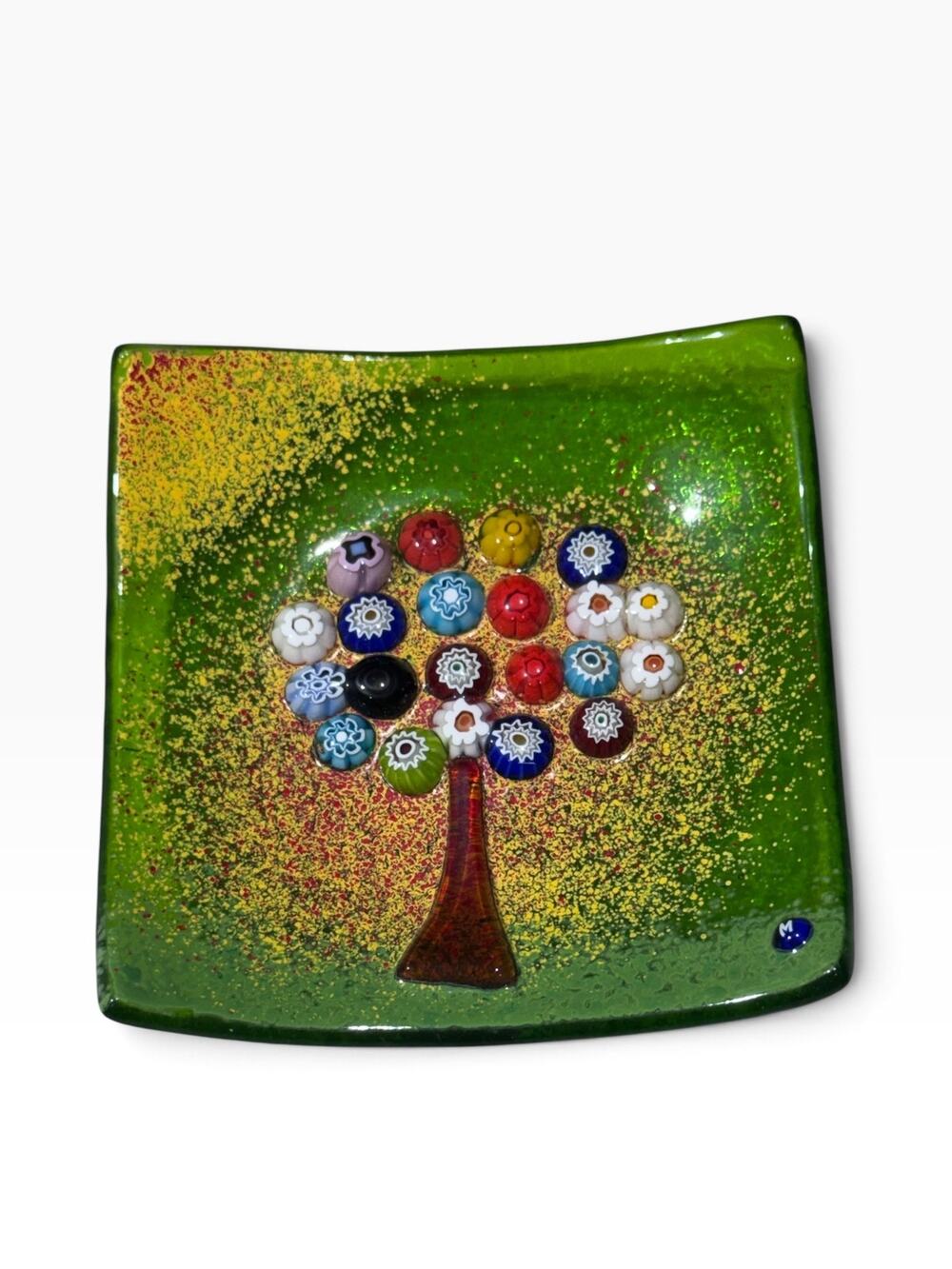 Murano Art Glass Tree of Life Square Plate 3 x 3" Signed M in corner